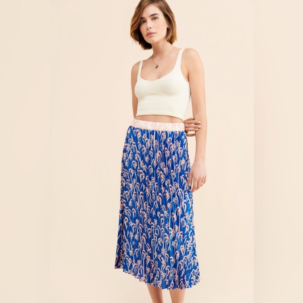 Scotch & Soda Blue Pink Palm Print Pleated Midi Skirt Small Anthropologie